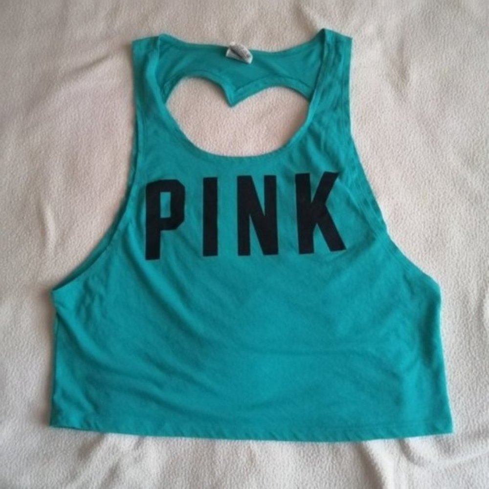 PINK Victoria's Secret Heart Shape Back Turquoise Muscle Tee